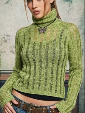 Y2K Parasuco Lnitwear Mohair Blend Green Turtleneck Ribbed Knit Sweater